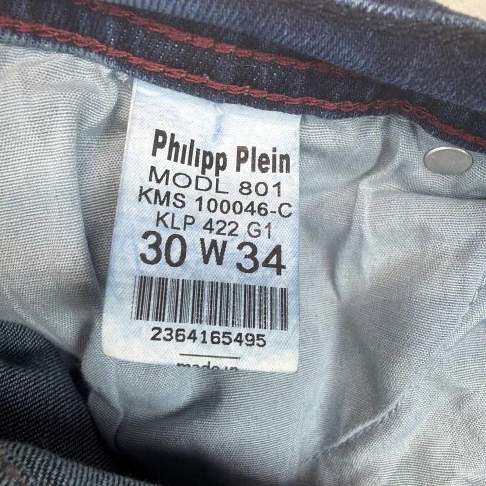 Philipp Plein Mens Jeans 30x34 Blue Slim Straight Logo Designer Denim Luxury